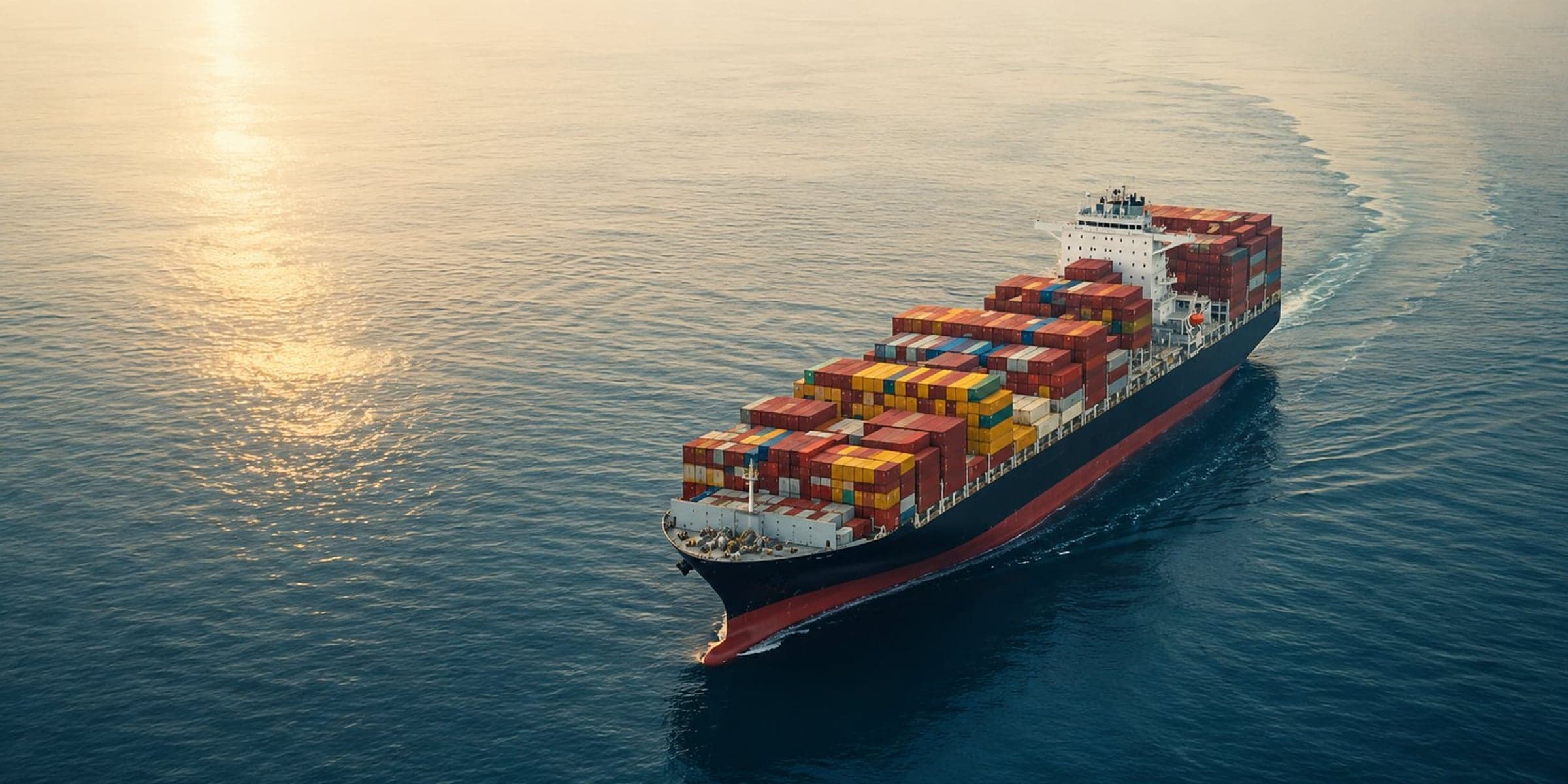 Container ship stacked with colorful shipping containers crossing the ocean
