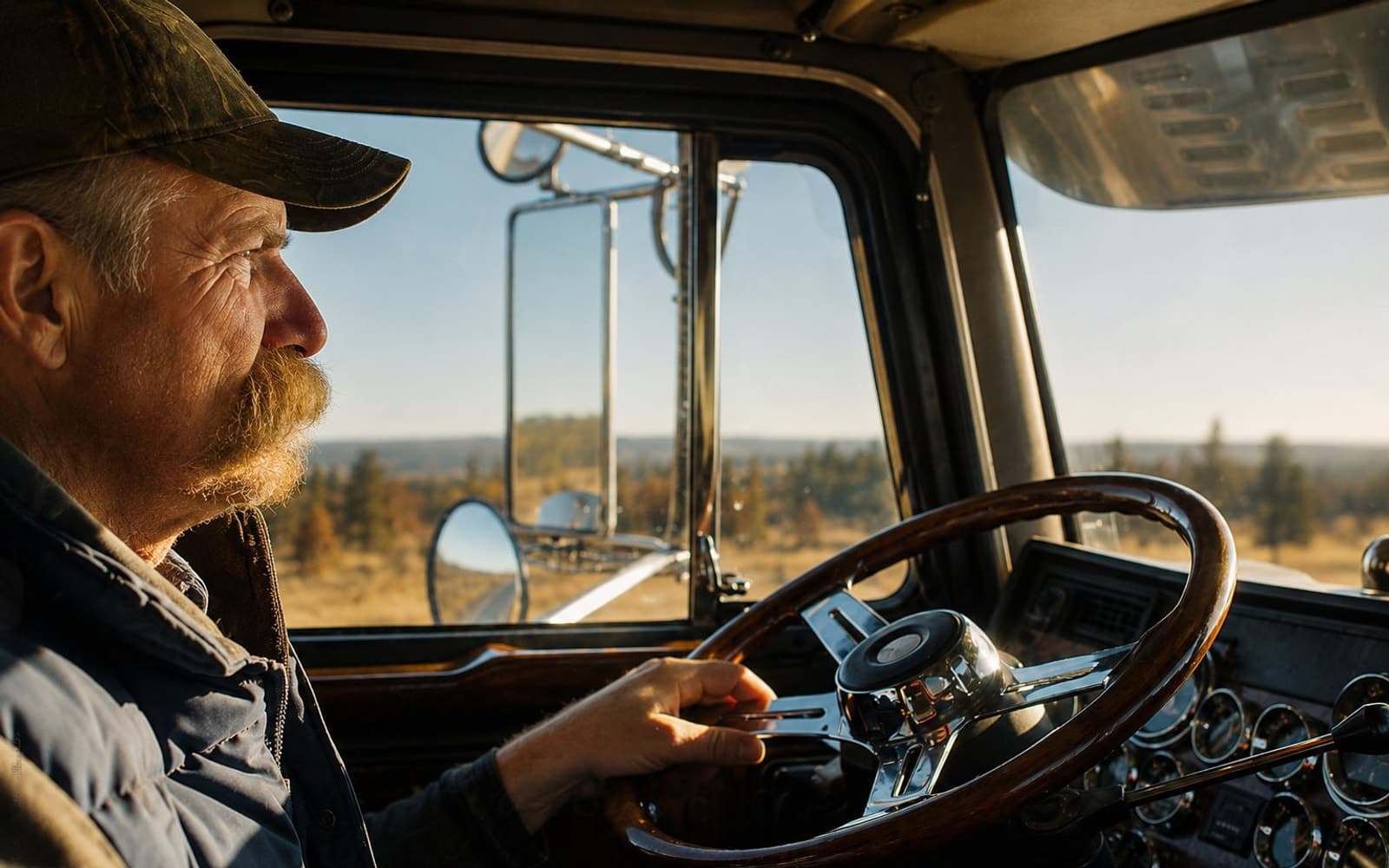 Truck driver navigating the road at golden hour
