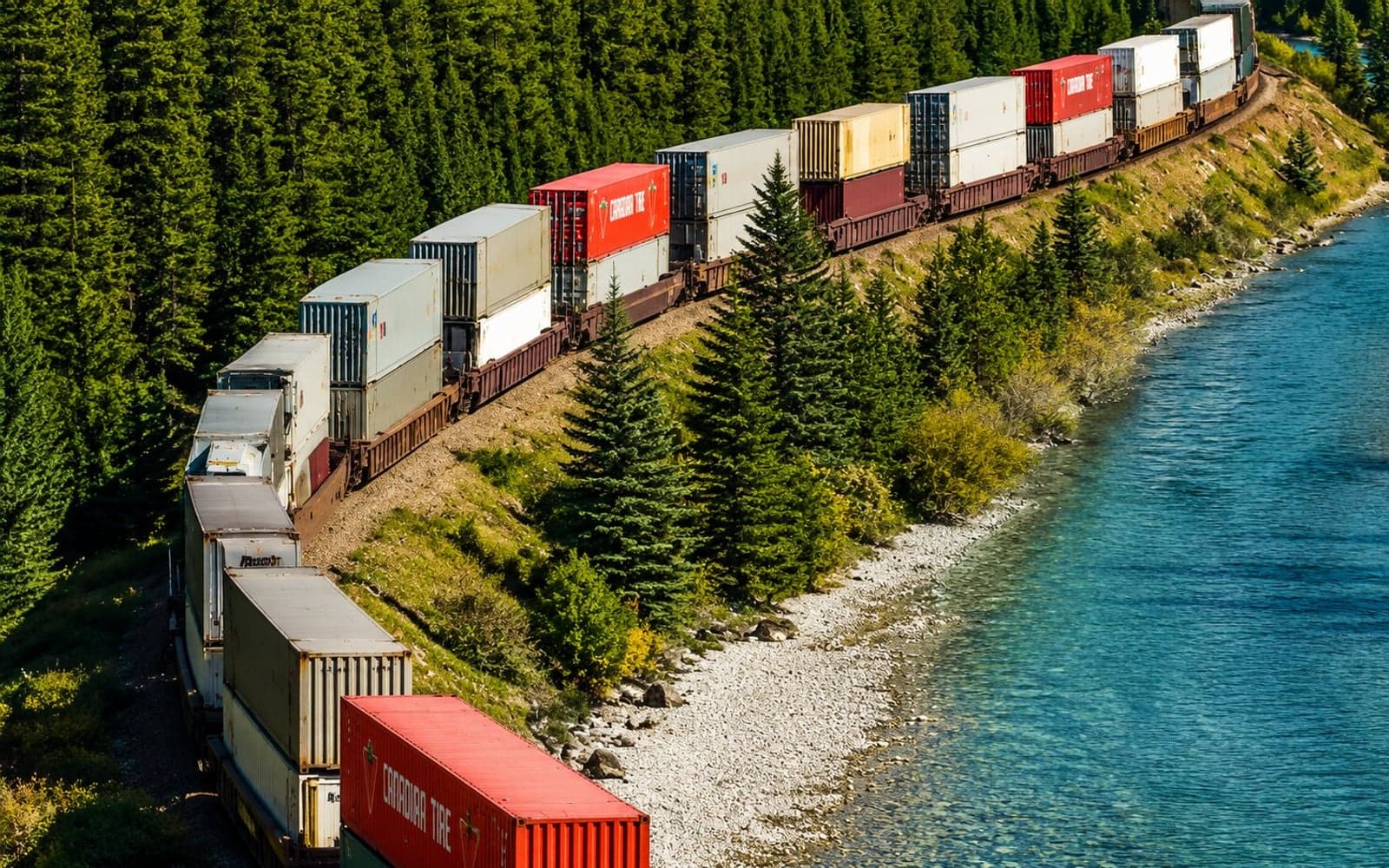 Treno merci intermodale lungo un fiume tra boschi