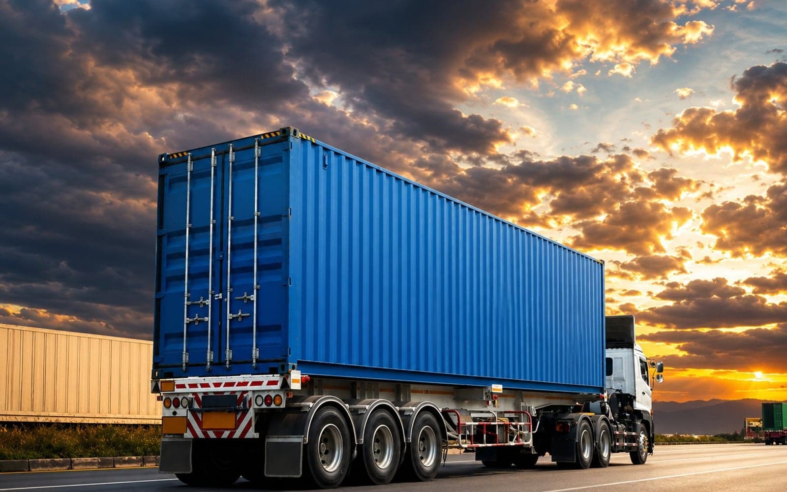 Blue semi truck with shipping container at port sunset