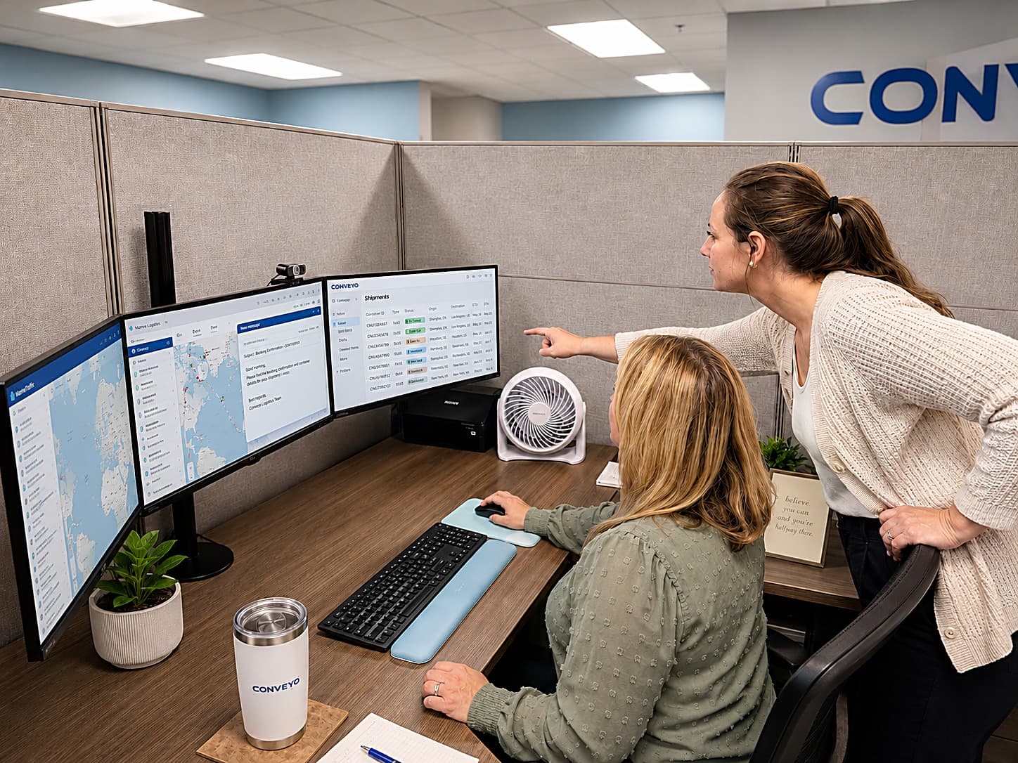 Conveyco team reviewing shipment tracking together